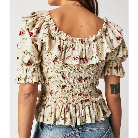 Free People Top Women S Cream Favorite Girl Crop Floral Ruffle Cottagecore Boho - Picture 2 of 13